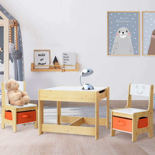 Clovelly white and natural kids table and chairs set with chalkboard top