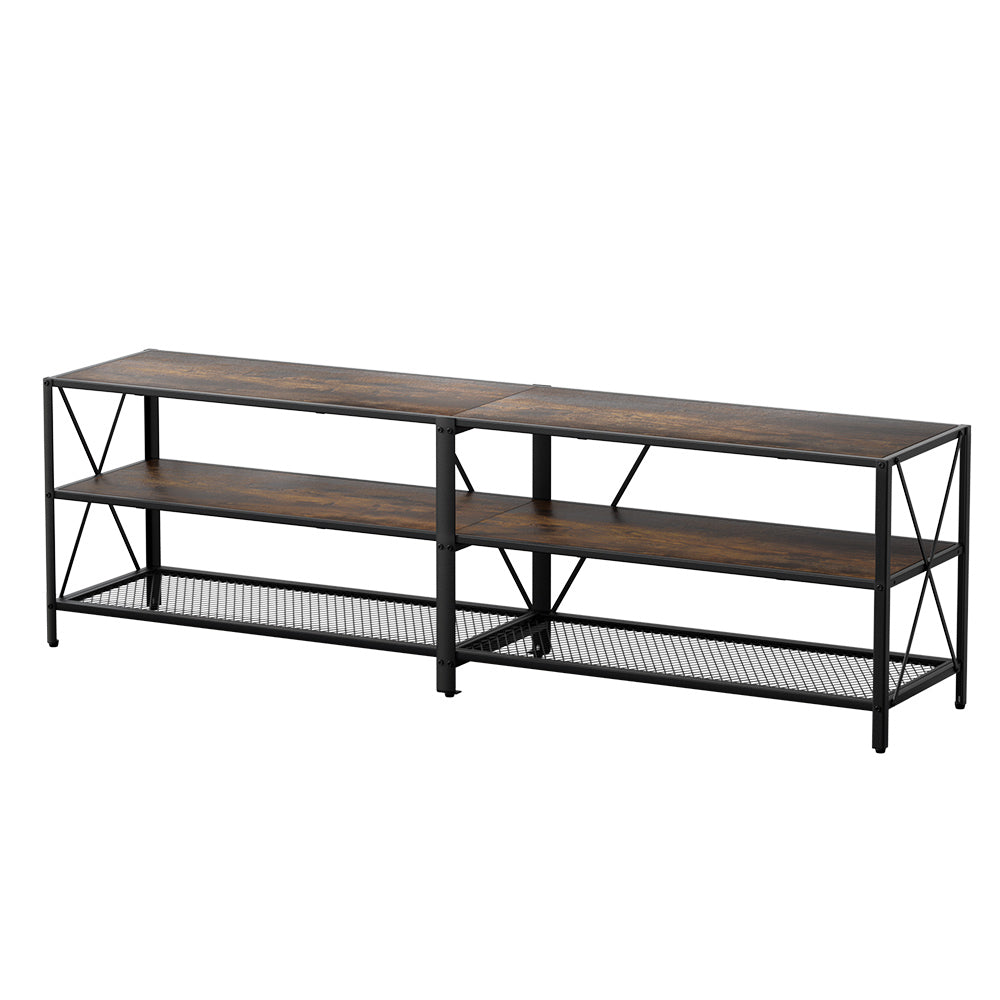 Longford 180cm walnut vintage rustic entertainment unit with three tier display shelves in a living room