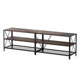 Longford 180cm walnut vintage rustic entertainment unit with three tier display shelves in a living room