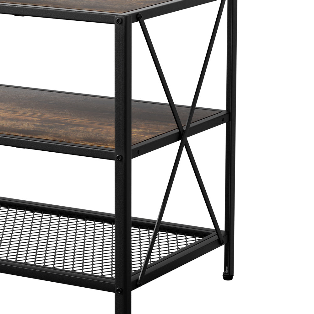 Longford 180cm walnut vintage rustic entertainment unit with three tier display shelves in a living room