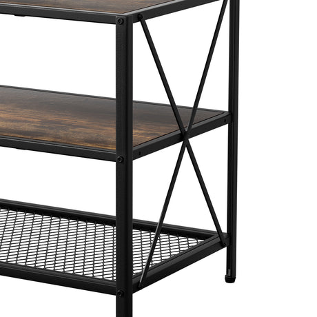 Longford 180cm walnut vintage rustic entertainment unit with three tier display shelves in a living room