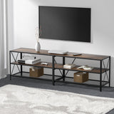 Longford 180cm walnut vintage rustic entertainment unit with three tier display shelves in a living room