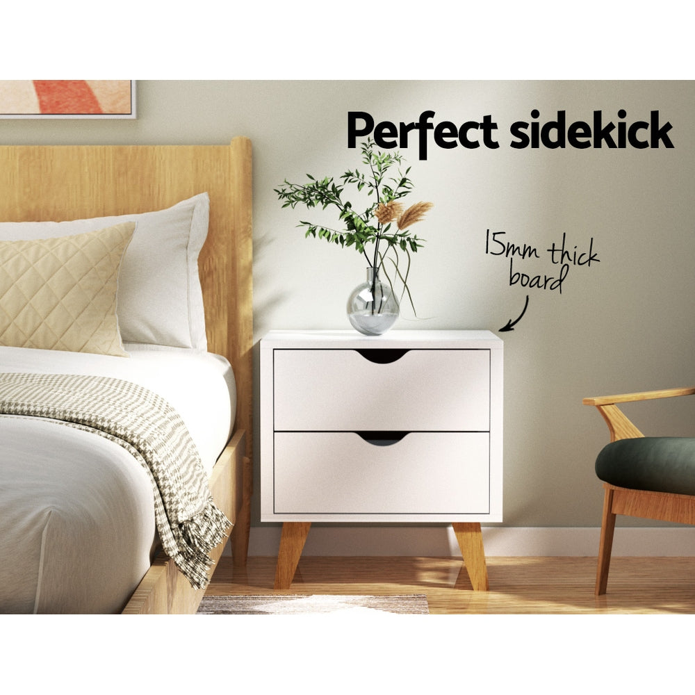 Artiss ANDERS Bedside Table with 2 Drawers in White — Splayed Rubber Wood Legs — Allure Home Collections