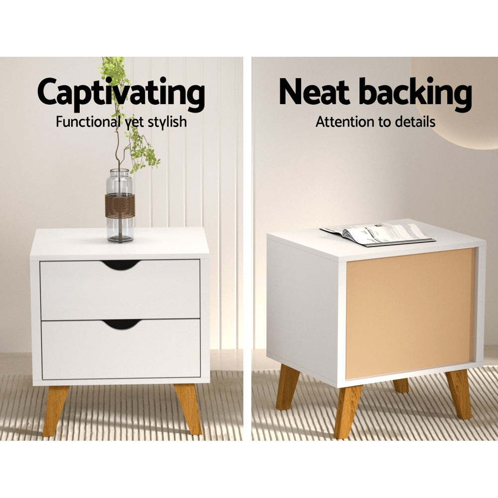 Artiss ANDERS Bedside Table with 2 Drawers in White — Splayed Rubber Wood Legs — Allure Home Collections