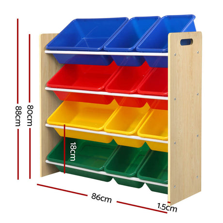 Keezi 4-Tier Toy Storage Shelf with 12 Removable Coloured Bins — Allure Home Collections