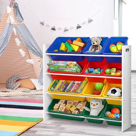 Keezi 4-Tier Toy Storage Shelf with 12 Removable Coloured Bins — Value Pack — Allure Home Collections