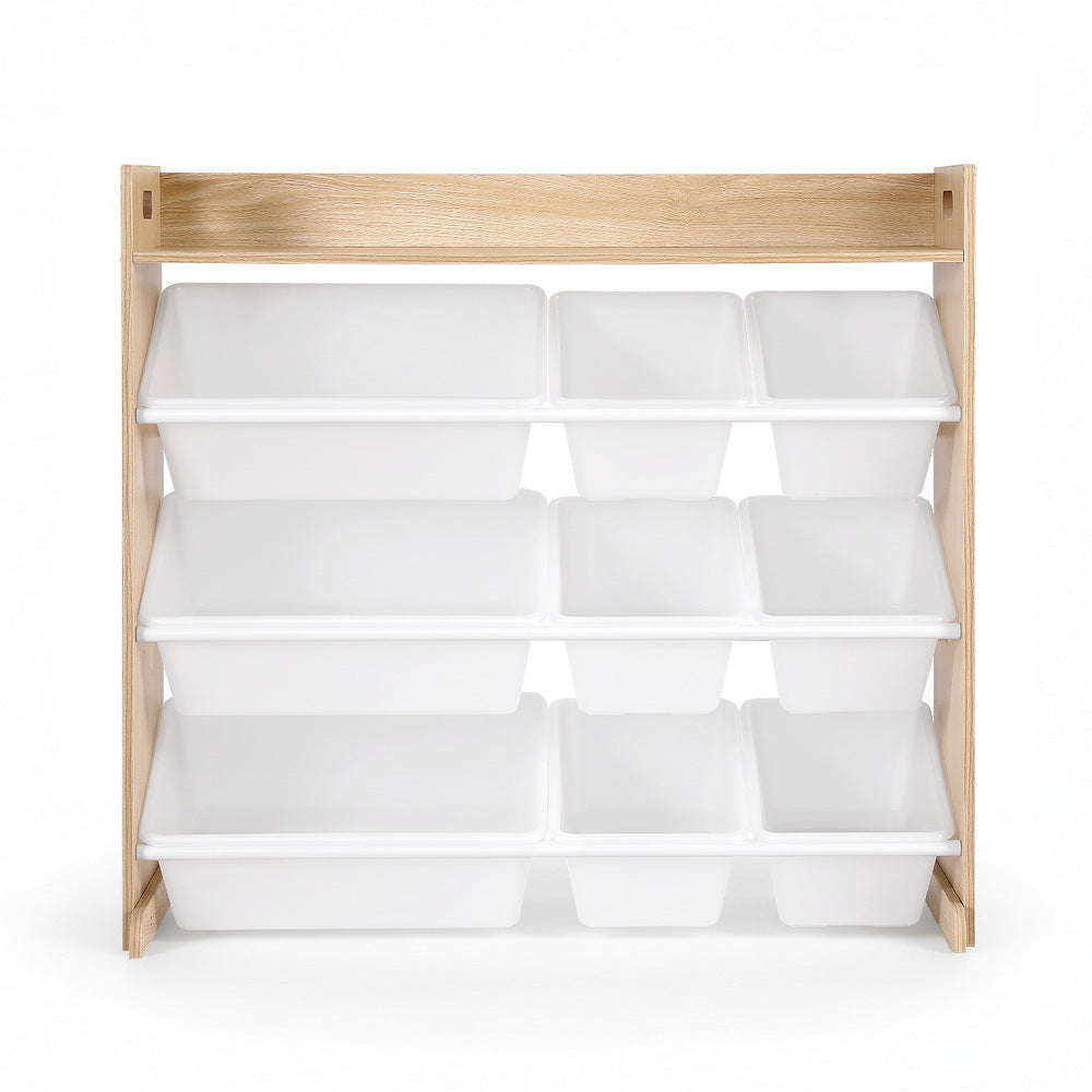 White and wood kids toy storage organiser with 9 bins - view 3