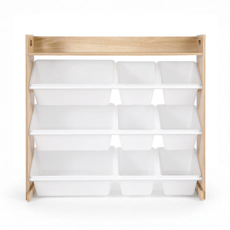 White and wood kids toy storage organiser with 9 bins - view 3