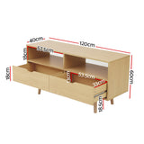 Somerset 120cm natural Scandinavian TV cabinet with tapered wood legs in a modern living room