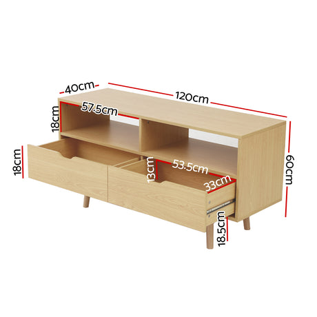 Somerset 120cm natural Scandinavian TV cabinet with tapered wood legs in a modern living room
