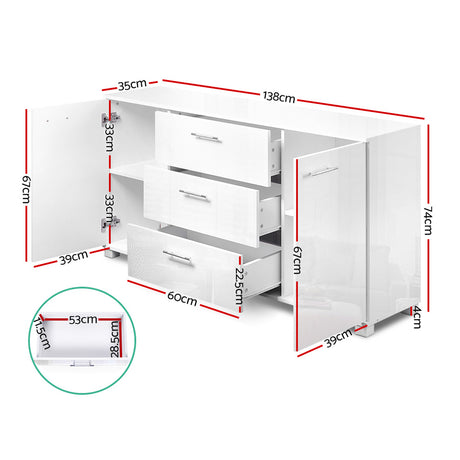 Artiss High Gloss White Buffet Sideboard — Three Drawers, Two Cupboards — Allure Home Collections