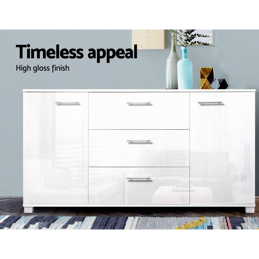 Artiss High Gloss White Buffet Sideboard — Three Drawers, Two Cupboards — Allure Home Collections
