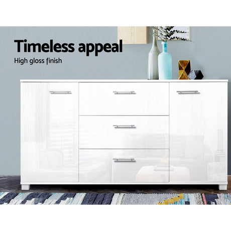Artiss High Gloss White Buffet Sideboard — Three Drawers, Two Cupboards — Allure Home Collections
