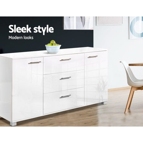 Artiss High Gloss White Buffet Sideboard — Three Drawers, Two Cupboards — Allure Home Collections