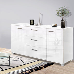 Drammen high gloss white sideboard with three drawers and two cupboards in a modern room
