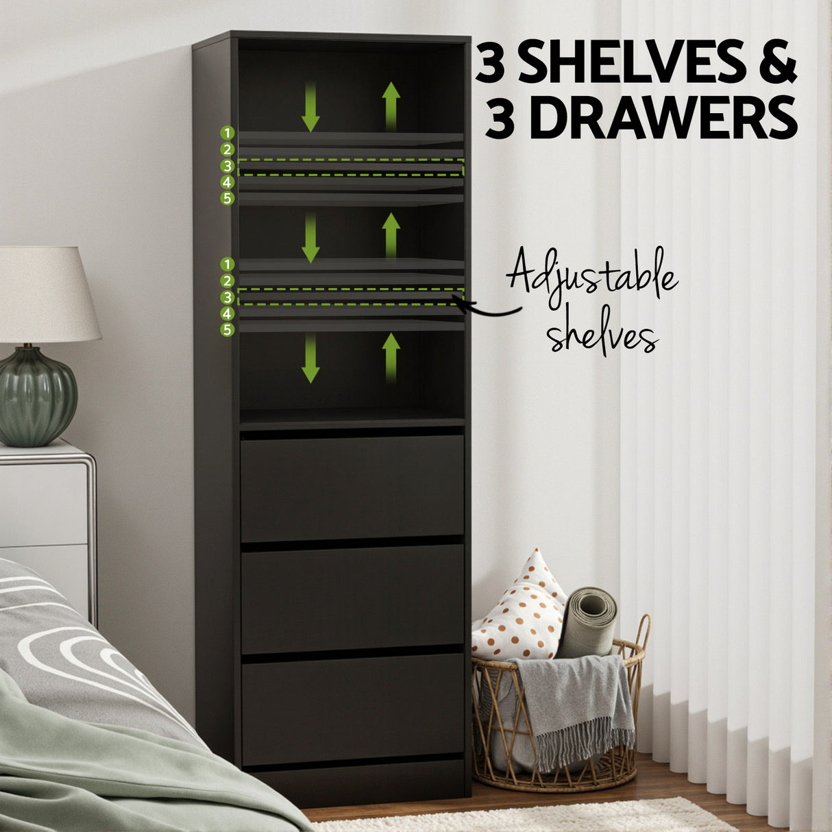 Penrose 3 Drawer Tallboy, Black