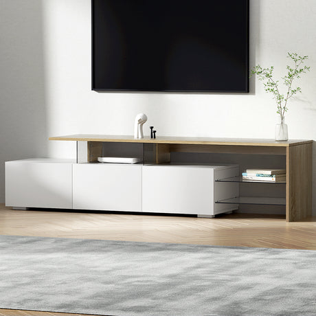 Huonville white and wood 180cm dual tone entertainment unit in a modern living room