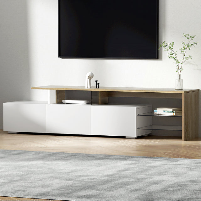 Huonville white and wood 180cm dual tone entertainment unit in a modern living room