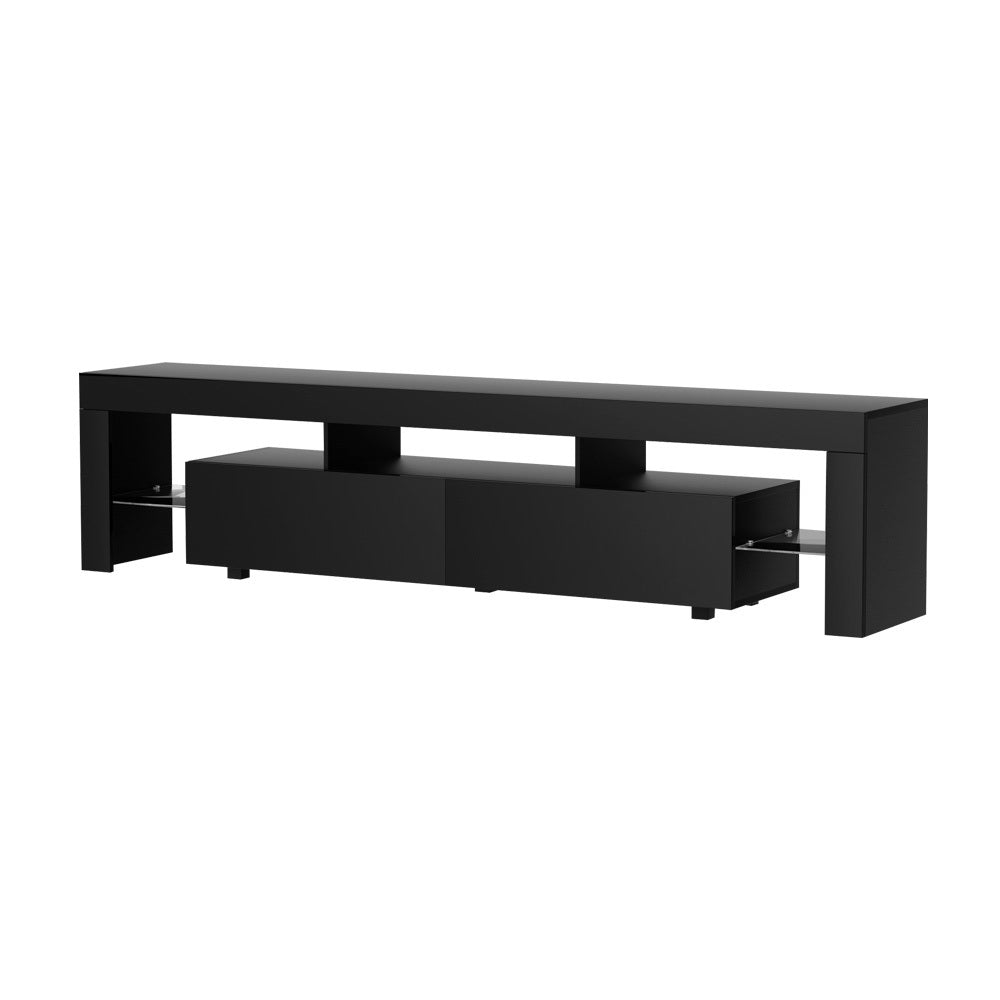 Kingston black 200cm high gloss LED entertainment unit with RGB lighting in a modern living room