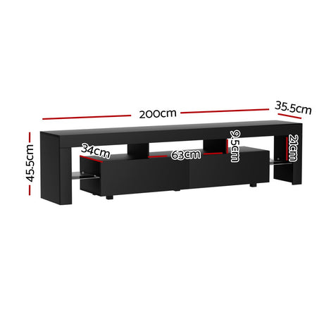 Kingston black 200cm high gloss LED entertainment unit with RGB lighting in a modern living room