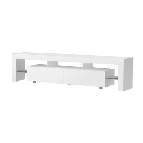 Kingston white 200cm high gloss LED entertainment unit with RGB lighting in a modern living room