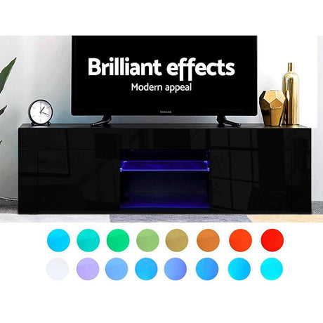 Geeveston black 130cm LED entertainment unit with RGB lighting in a modern living room