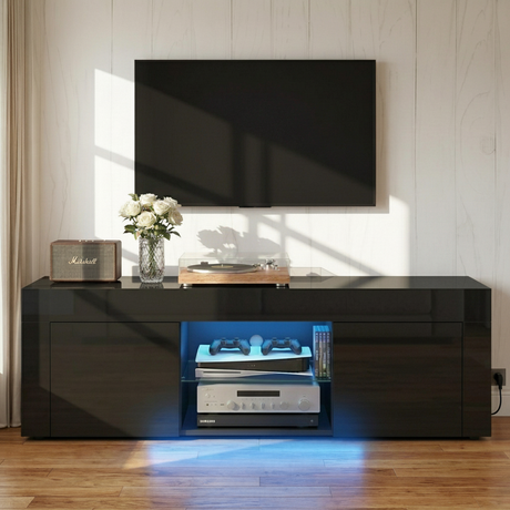 Geeveston black 130cm LED entertainment unit with RGB lighting in a modern living room