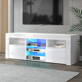 Geeveston white 145cm LED entertainment unit with RGB lighting in a modern living room
