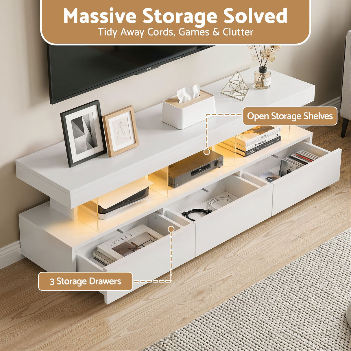 Sandy Bay white 160cm LED entertainment unit with RGB lighting in a modern living room