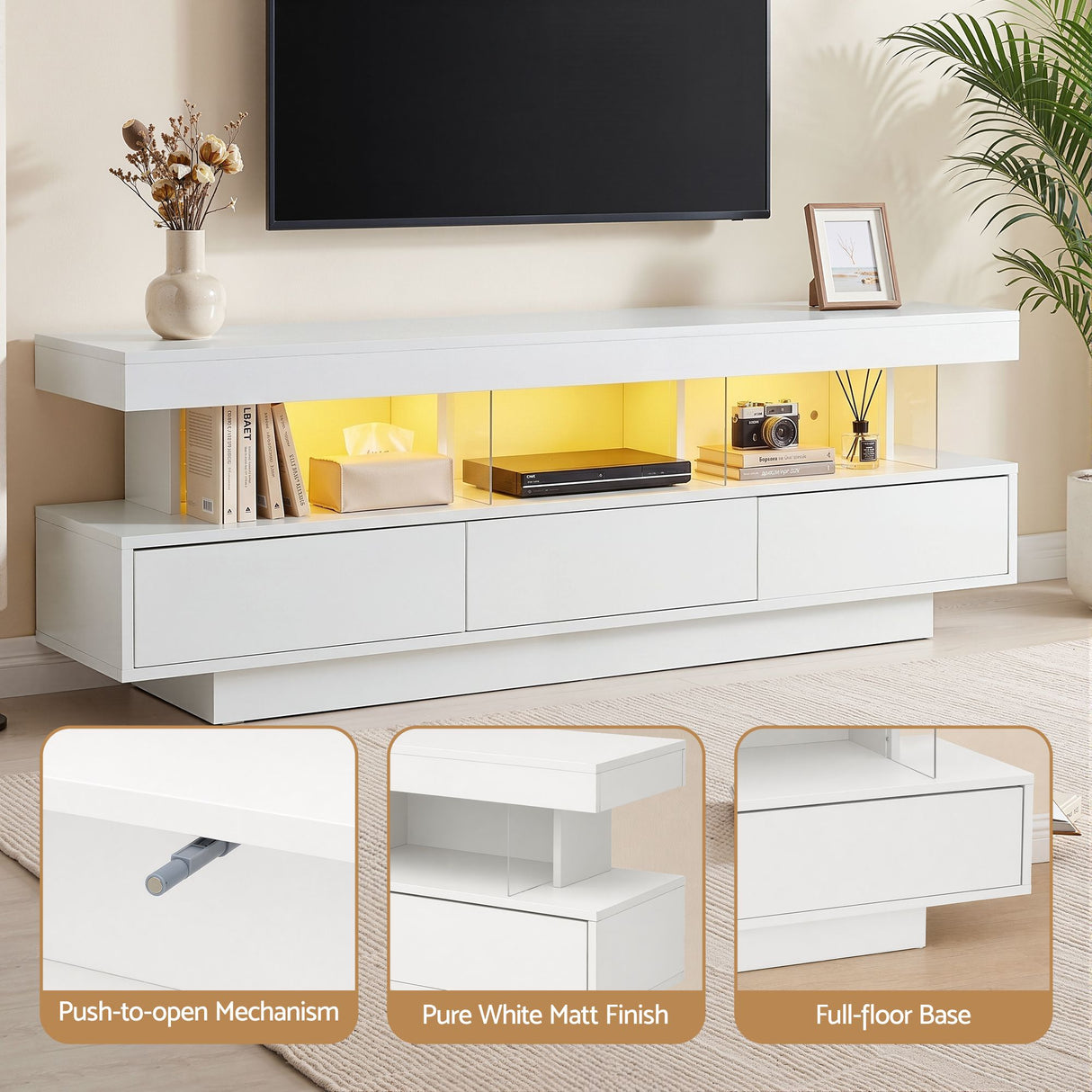 Sandy Bay white 160cm LED entertainment unit with RGB lighting in a modern living room