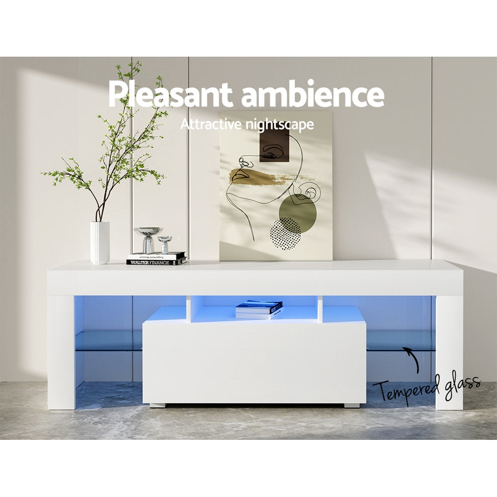 Blackmans Bay white 130cm LED entertainment unit with RGB lighting in a modern living room