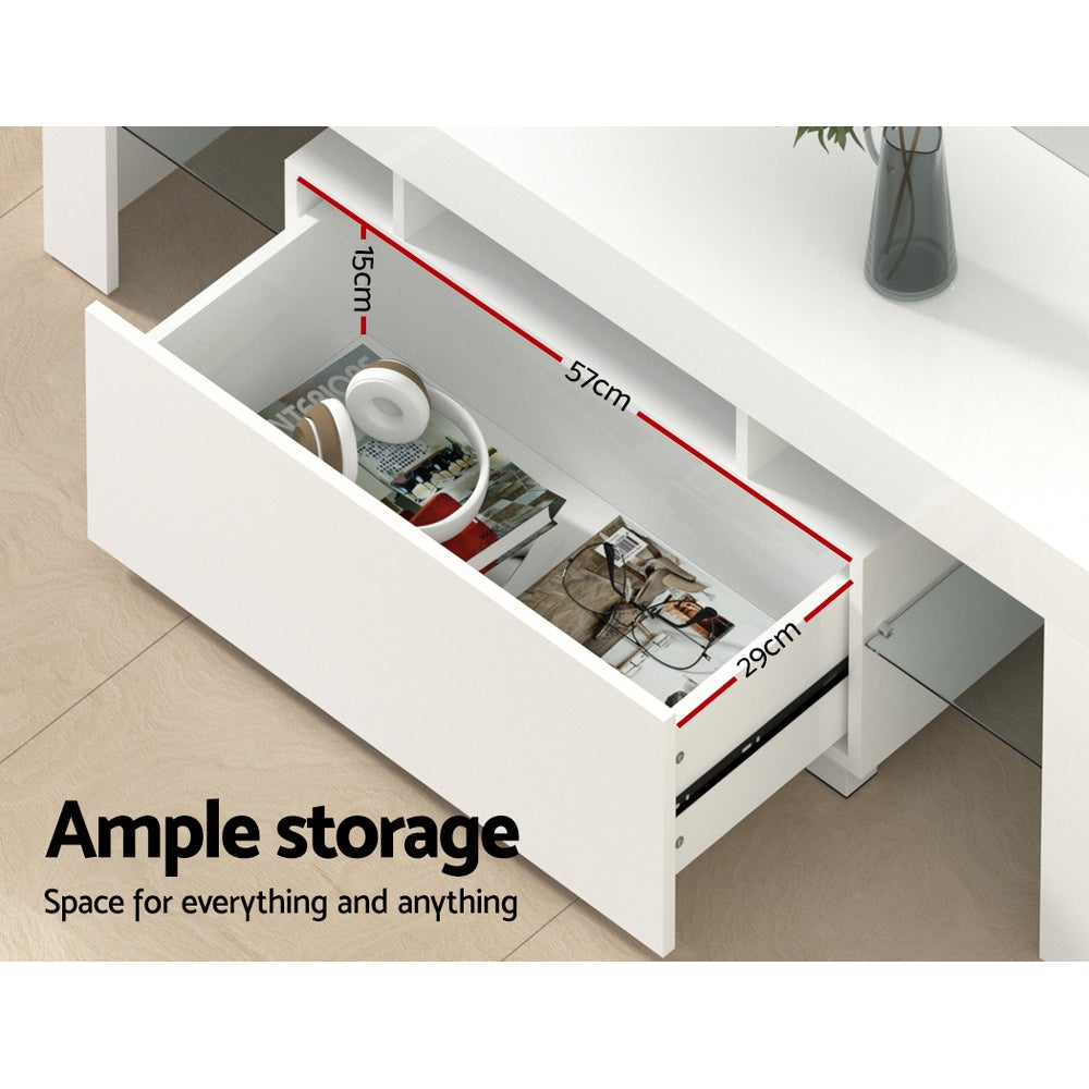 Blackmans Bay white 130cm LED entertainment unit with RGB lighting in a modern living room