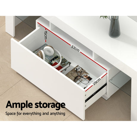 Blackmans Bay white 130cm LED entertainment unit with RGB lighting in a modern living room