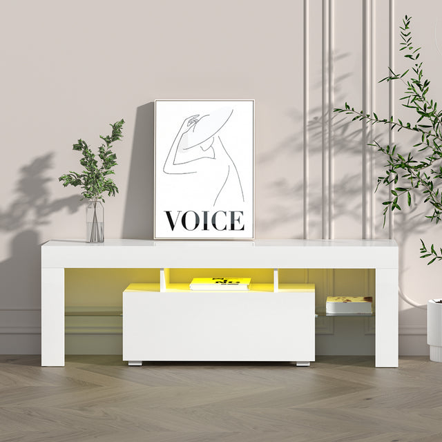 Blackmans Bay white 130cm LED entertainment unit with RGB lighting in a modern living room