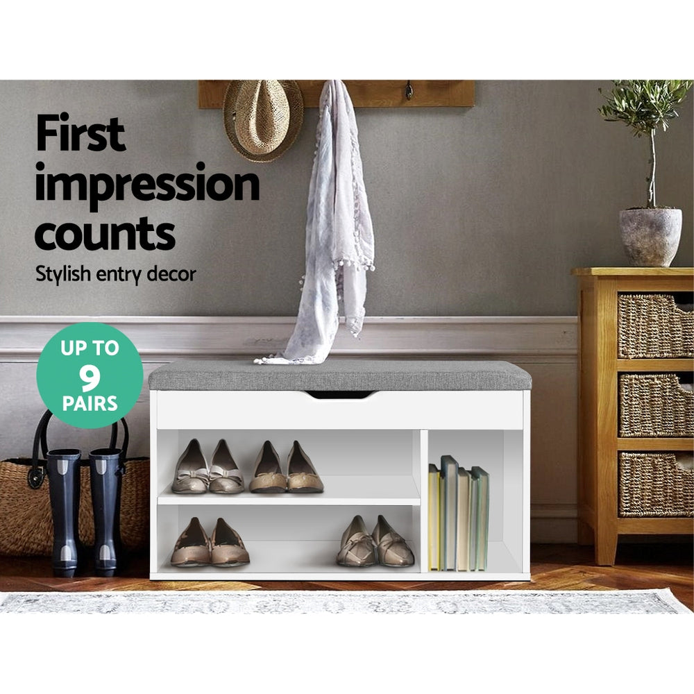 Artiss ALLEN White Shoe Rack Bench Cabinet — Eco-Friendly, Fabric Bench Seat — Allure Home Collections