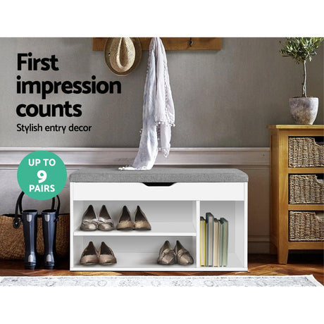 Artiss ALLEN White Shoe Rack Bench Cabinet — Eco-Friendly, Fabric Bench Seat — Allure Home Collections