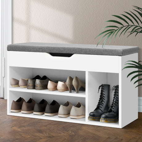 Artiss ALLEN White Shoe Rack Bench Cabinet — Eco-Friendly, Fabric Bench Seat — Allure Home Collections