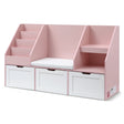 Brunner pink and white kids storage bench with rolling drawers and shelves