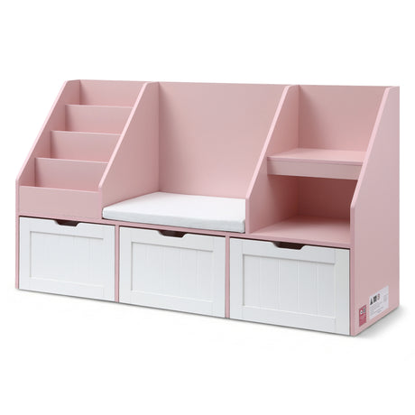 Pink 140cm kids bookshelf and toy storage bench with movable drawers