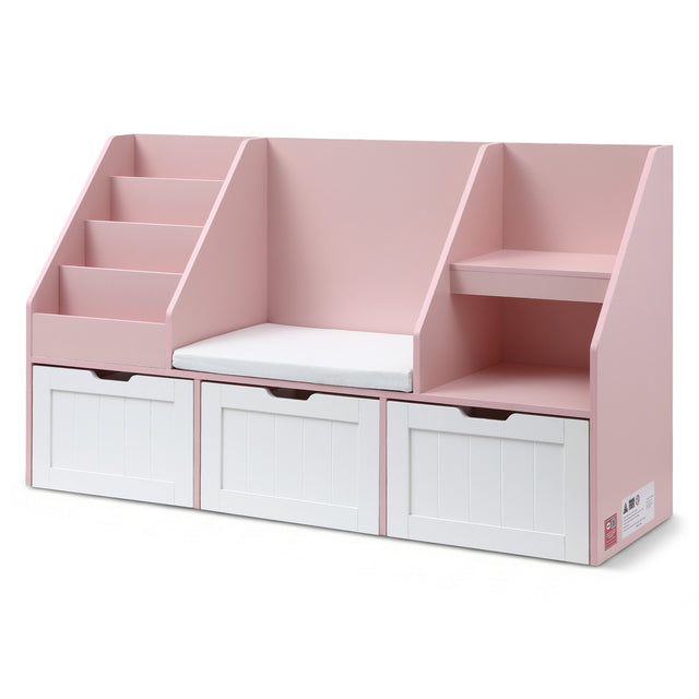 Brunner pink and white kids storage bench with rolling drawers and shelves