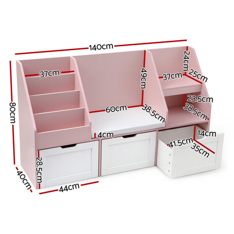 Pink 140cm kids bookshelf and toy storage bench with movable drawers