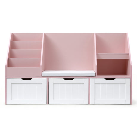 Pink 140cm kids bookshelf and toy storage bench with movable drawers