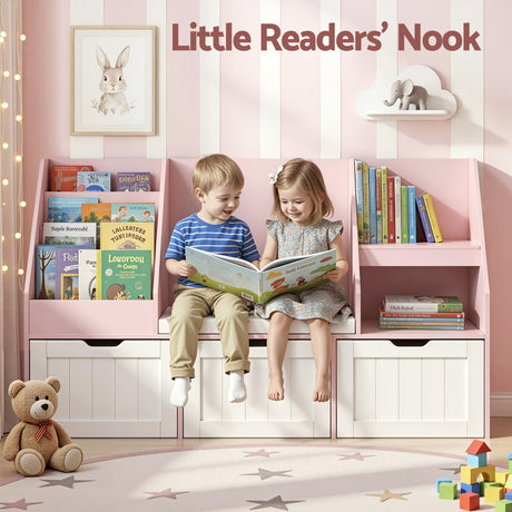 Pink 140cm kids bookshelf and toy storage bench with movable drawers