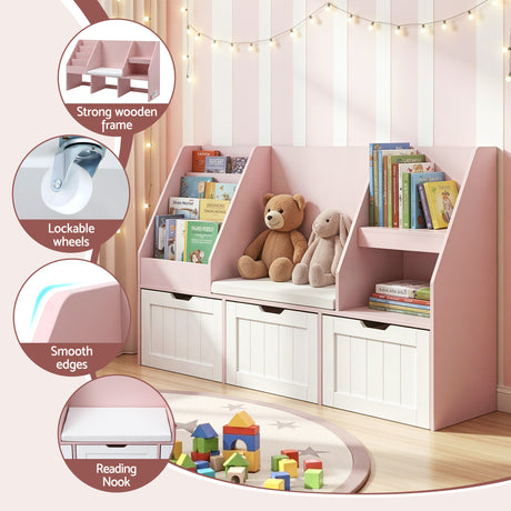 Pink 140cm kids bookshelf and toy storage bench with movable drawers