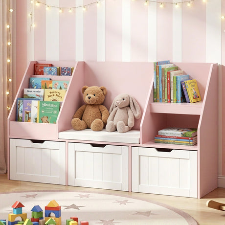 Pink 140cm kids bookshelf and toy storage bench with movable drawers