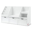 Brunner white kids storage bench with rolling drawers, cubbies, and shelves