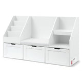 Brunner white kids storage bench with rolling drawers, cubbies, and shelves