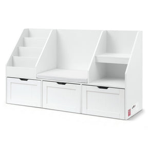 Brunner white kids storage bench with rolling drawers, cubbies, and shelves