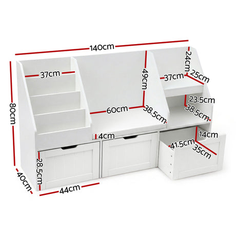 White 140cm kids bookshelf and toy storage bench with movable drawers