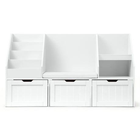 White 140cm kids bookshelf and toy storage bench with movable drawers